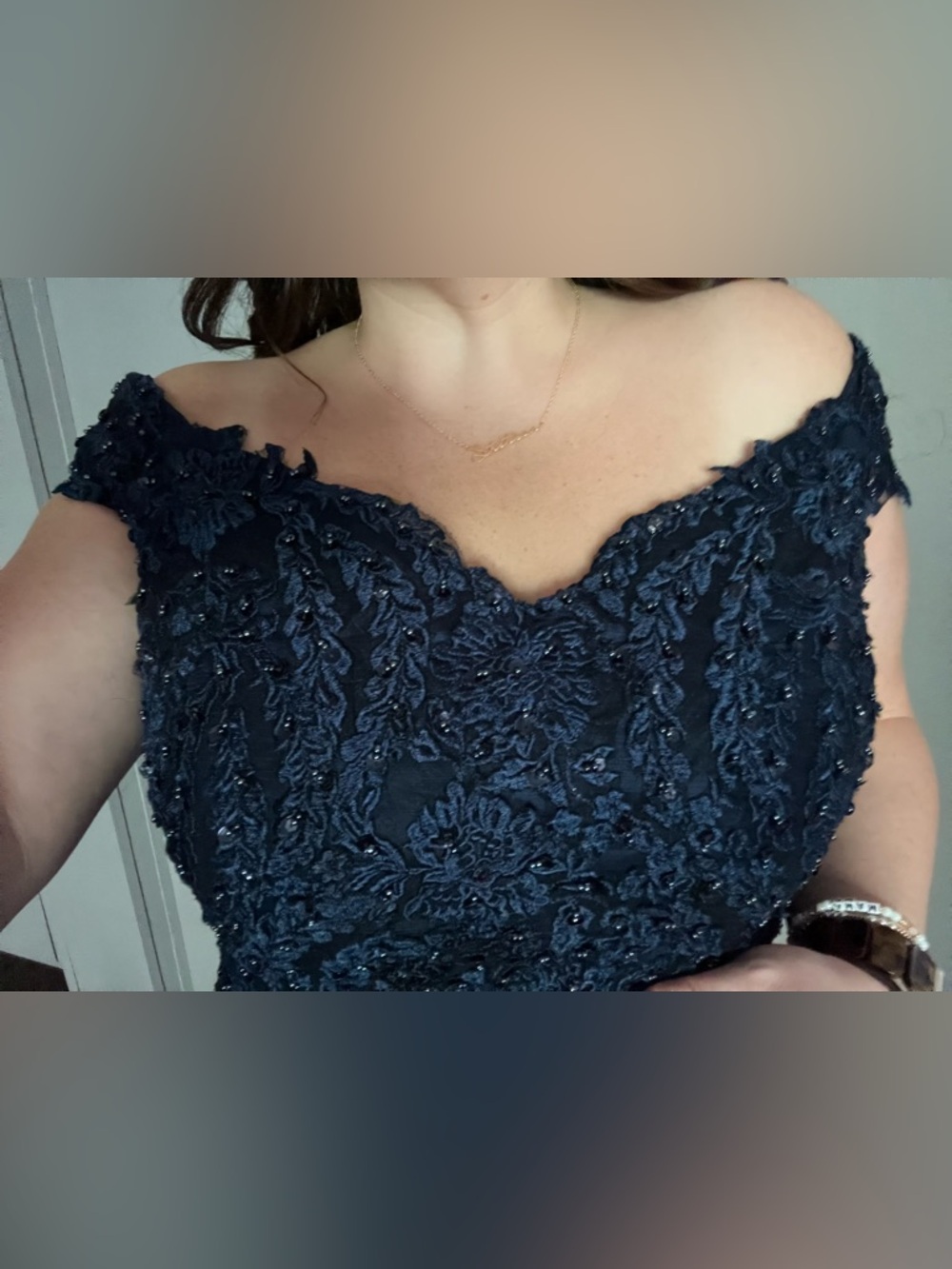 Navy Beaded Lace V-Neck Evening Dress